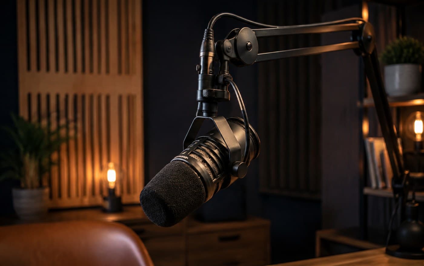 A studio microphone in warm lamplight